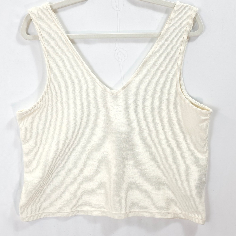 Madewell Ribbed Knit Crop Tank Top Womens L V-Neck Cream Coastal Minimalist - Picture 1 of 8